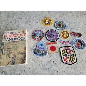 Misc Lot Of 11 Boy Scout Patches ‎ & A Boy Scout Handbook All 1990's Vintage